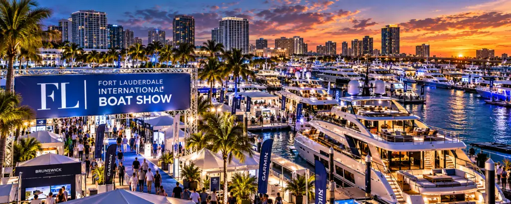 Yachts at the Fort Lauderdale International Boat Show at sunset