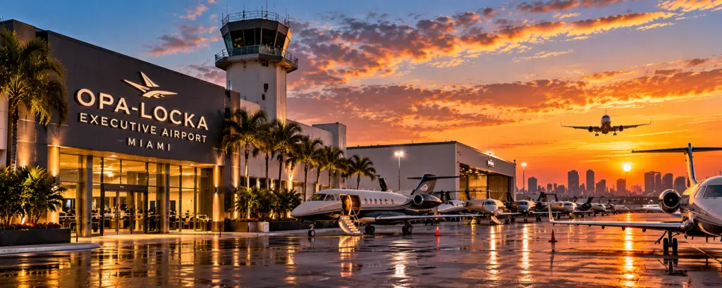 Private jets at Miami-Opa-locka Executive Airport at golden hour