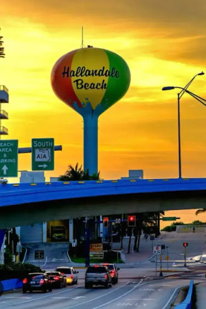 Hallandale Beach water tower at sunset over Hallandale Beach Boulevard