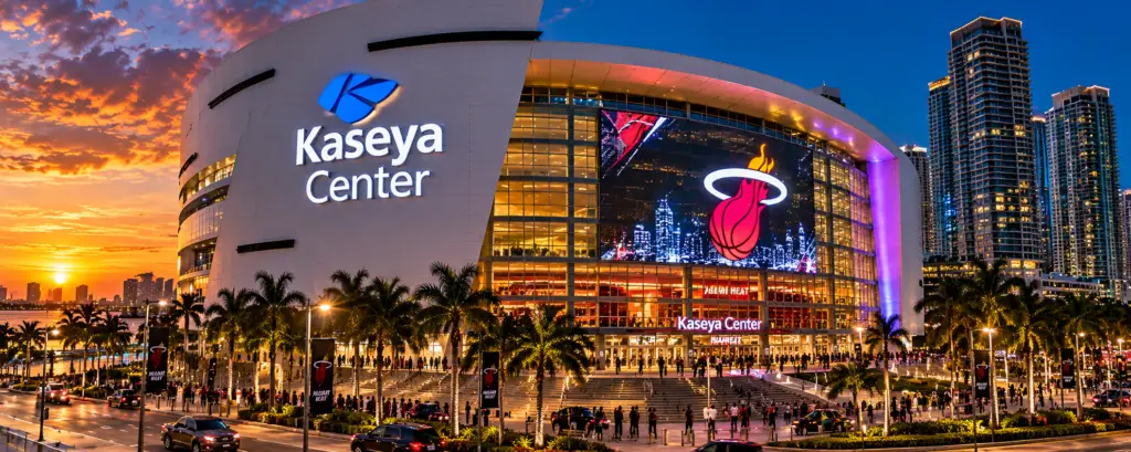 Kaseya Center on Biscayne Bay in Downtown Miami at dusk