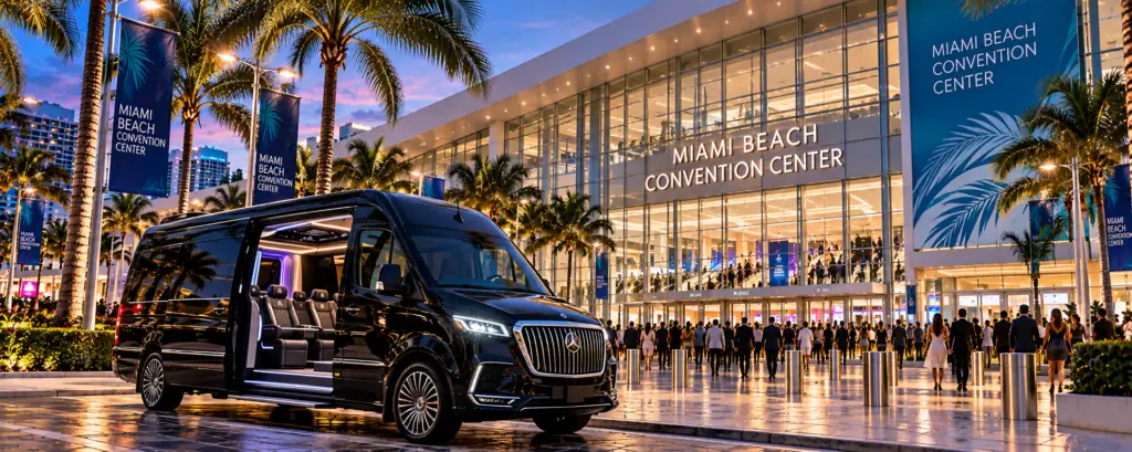 Luxury Sprinter van arriving at the Miami Beach Convention Center