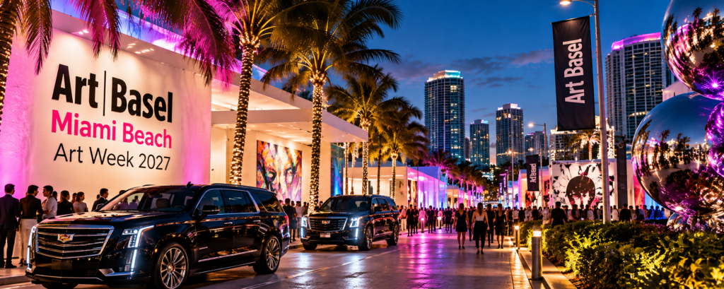 Art Basel Miami Beach entrance at night during Miami Art Week