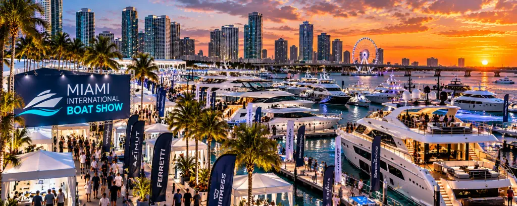Yachts at the Miami International Boat Show at sunset