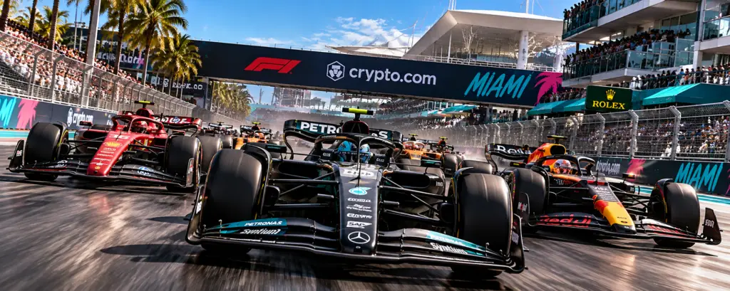 Formula 1 cars racing at the Miami Grand Prix