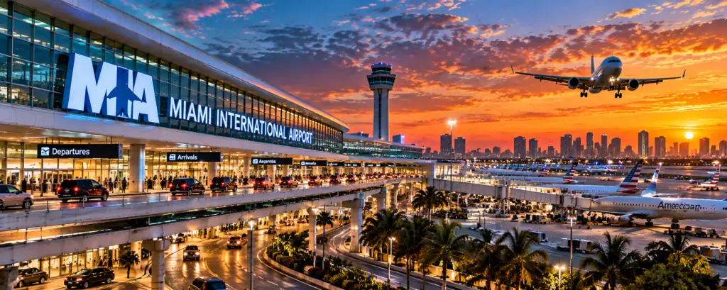 Miami International Airport terminal at sunset
