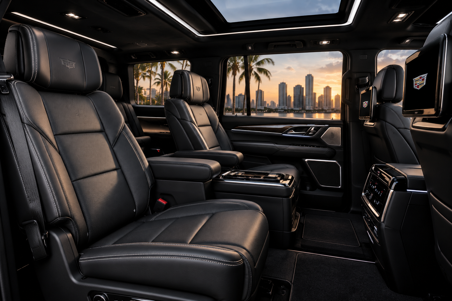 Cadillac Escalade ESV interior with black leather second-row captain's chairs