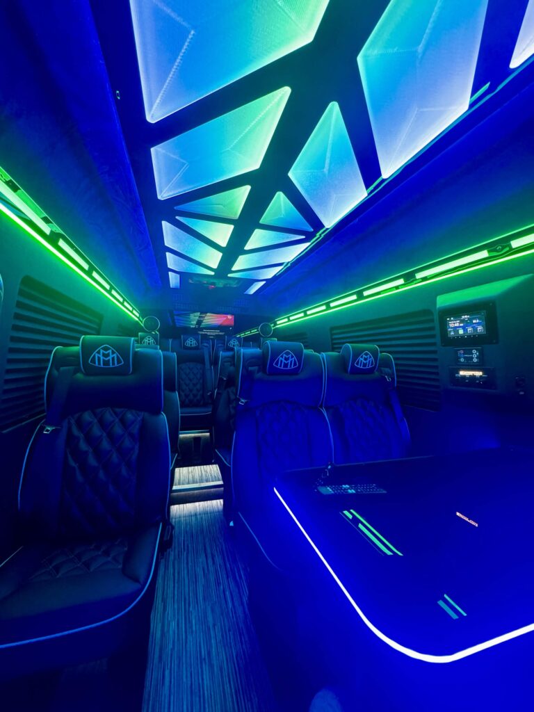 Mercedes-Maybach Sprinter cabin with blue and green LED ceiling lights