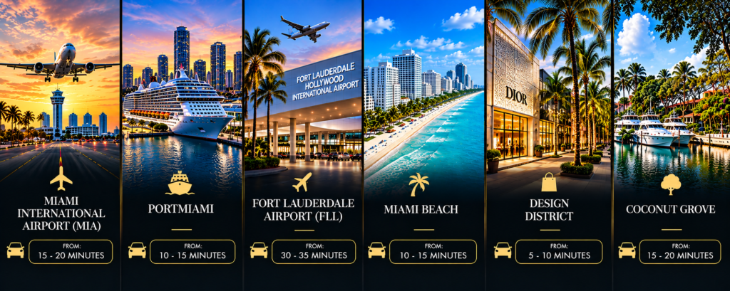 Miami airport transfer service graphic showing MIA, FLL and South Florida destinations