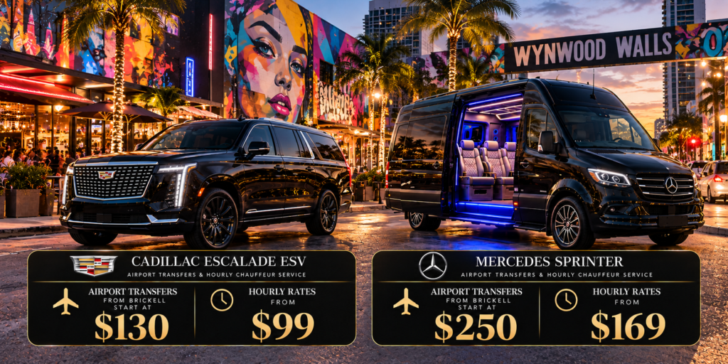 Cadillac Escalade and Mercedes Sprinter rates for Wynwood limo service